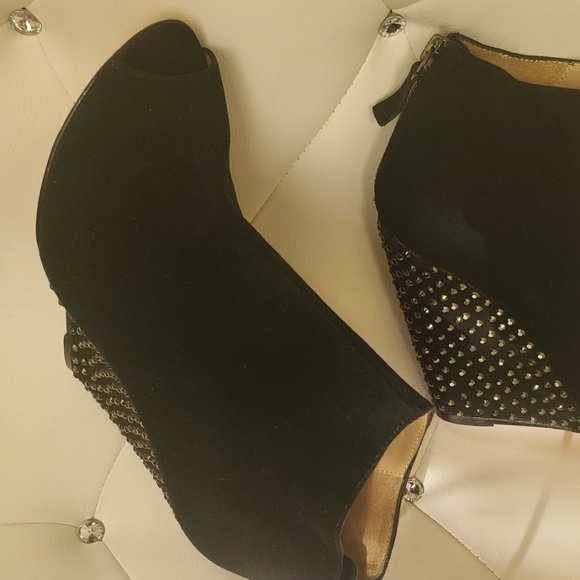 size 37 Sexy Black Crystal Black Suede wedge Bootie/heels, open tow. 1971 Reiss - Picture 8 of 10